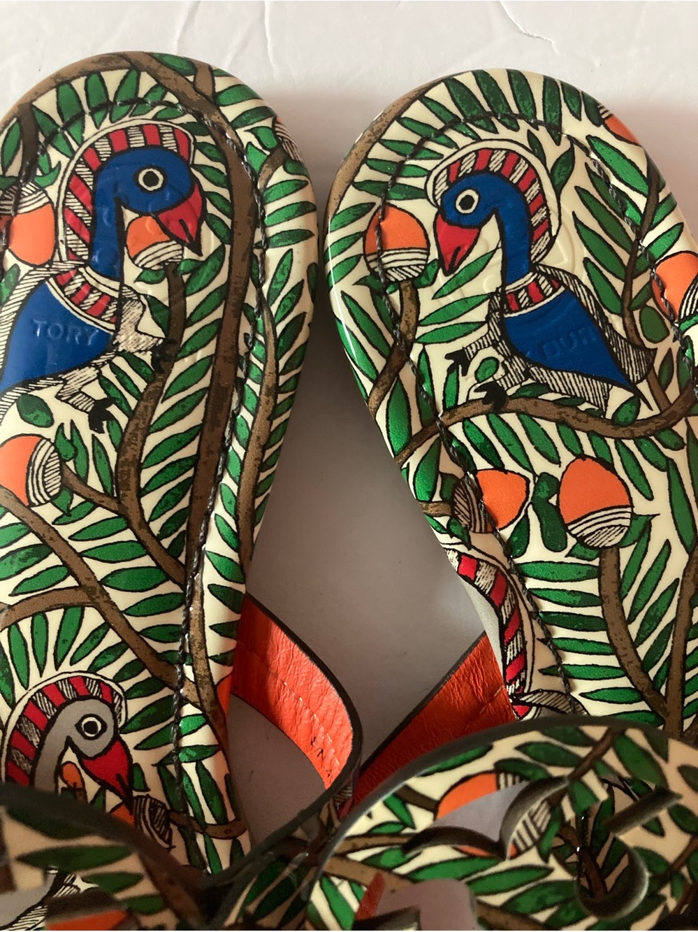 Tory Burch SZ 7M Peacock Wild Bird Print Slide Sandals in Green, Blue.Rare!